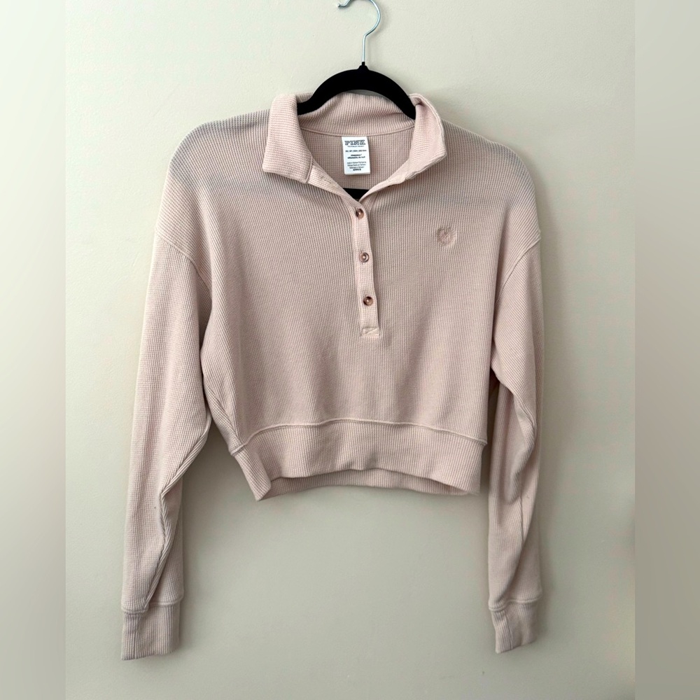 Cropped tan sweater quarter button up